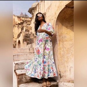 Oliphant Floral V-Neck Maxi Dress in White with Multicolor Print